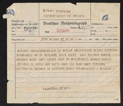 Brief von Harry Kessler an Gerhart Hauptmann