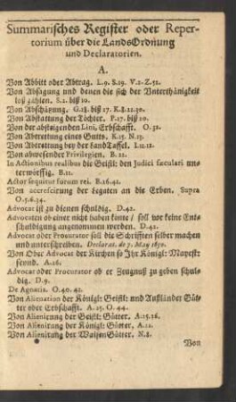 Summarisches Register oder Repertorium über die LandsOrdnung und Declarationen.