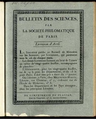 Bulletin Des Sciences, Par La Société Philomatique De Paris. Livraison d' Avril.