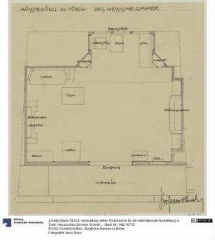 Ausstattung dreier Wohnräume für die internationale Ausstellung in Turin, Hessisches Zimmer, Grundriss mit Möblierungsplan