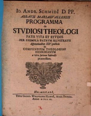 Programma de studiosi theologi fatis, vita et studiis per exempla Patrum illustratis