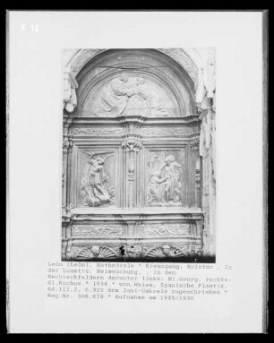 Holztür, Detail: Heimsuchung, Erzengel Michael und Heiliger Rochus