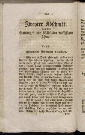 Zweyter Abschnitt. Von den Gattungen der schädlichen vie[r]füssigen Thiere.