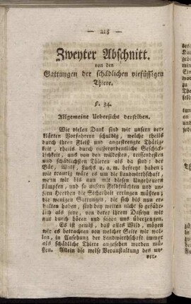Zweyter Abschnitt. Von den Gattungen der schädlichen vie[r]füssigen Thiere.