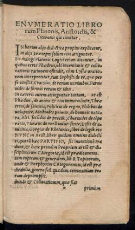 Enumeratio Librorum Platonis, Aristotelis, & Ciceronis qui citantur.