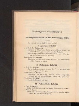 Nachträgliche Veränderungen des Vorlesungsverzeichnisses für das Wintersemester 1910/11.
