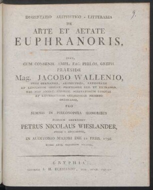 Dissertatio Aesthetico-Litteraria De Arte Et Aetate Euphranoris