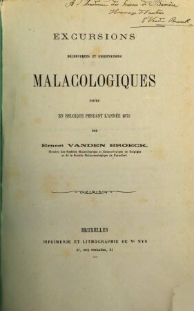 Excursions découvertes et observations Malacologiques faites en Belgique pendant l'année 1870