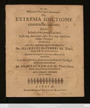 [...] Disputatio Theologica [...] De Extrema Unctione contra Becanum