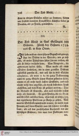 4: [Rezension von: Der Tod Abels in fünf Gesängen von Geßner. Zürich, 1758]