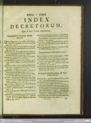 Index Decretorum Quae in hoc Tomo continentur