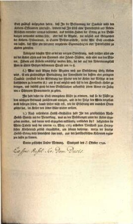 Von Gottes Gnaden Carl, Herzog zu Wirtemberg und Teck, ... Liebe Getreue! Da die Zeit der Weinlese sich nähert, so sehen Wir Uns veranlaßt, Euch wegen Besorgung der dem geistlichen Gut zustehenden Wein-Gefälle und wegen Abreichung der Wein-Besoldungen und anderer schuldigen Abgaben Unsere gnädigste Entschliessung bekannt zu machen ...