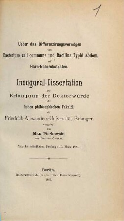 Über das Differenzirungsvermögen von Bacterium coli commune und Bacillus Typhi abdom. auf Harn-Nährsubstraten : Erlanger Inaug. Diss.