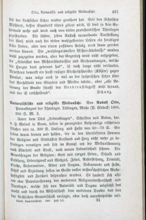 481-482 [Rezension] Otto, Rudolf, Naturalistische und religiöse Weltansicht