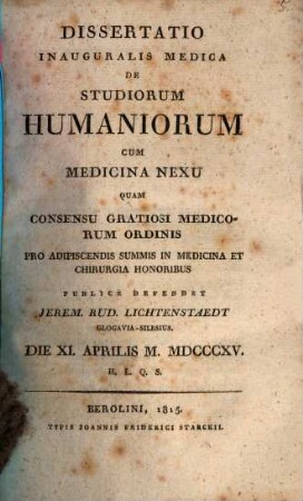 Dissertatio inauguralis medica De studiorum humaniorum cum medicina nexu