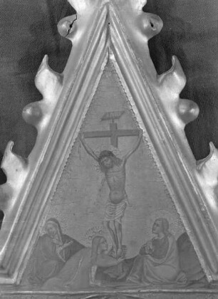Triptychon — Thronende Maria mit dem Kind, Heiligen und Stifterin — Kreuzigung