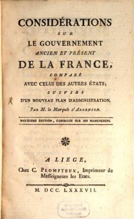 Considerations sur le gouvernement ... de la France