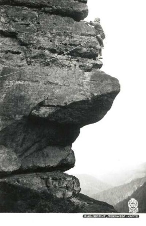 Böhmische Schweiz (České Švýcarsko), Prebischtorgebiet (Pravčická brána). Zuckerhut (Homole). Seilschaft Vogt an der Nordkante (VI)