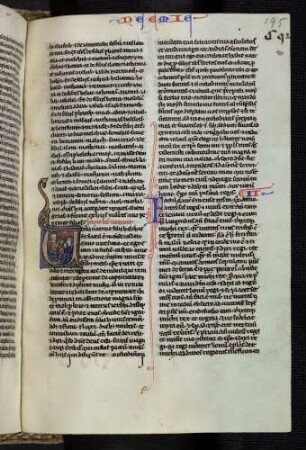 Historisierte Initiale (Buch Nehemia): V(erba neemie): Ein junger Mann vor Nehemia. Profilblattranken als Ablaufmotiv.