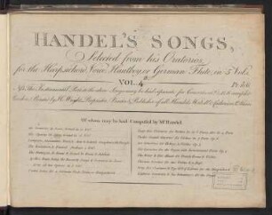 Handel’s songs selected from his oratorios : for the harpsichord, voice, hautboy, or german flute ; in 5 vols ; Vol. 4