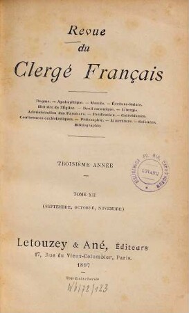 Revue du clergé français. 12. 1897 = Année 3