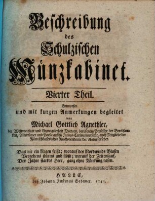 Beschreibung des Schulzischen Münzkabinet, Vierter Theil
