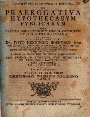 Dissertatio inauguralis iuridica de praerogativa hypothecarum publicarum