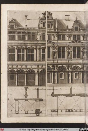 Zwei Grundrisse und zwei Ansichten von Palastfassaden, ausgestattet mit Galerien im Ergegeschoss.