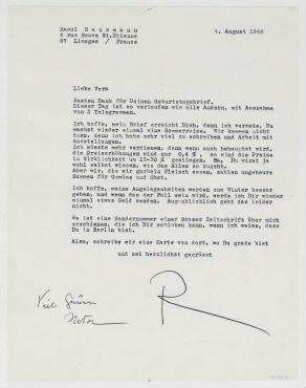 Brief von Raoul Hausmann an Vera Hausmann. Limoges