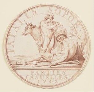 Merkur schläfert Argus mit seinem Flötenspiel ein, um die in eine Kuh verwandelte Juno zu entführen (Sondermünze "Parties Casuelles 1742")