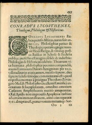 Conradus Lycosthenes, Theologus, Philologus et Historicus.