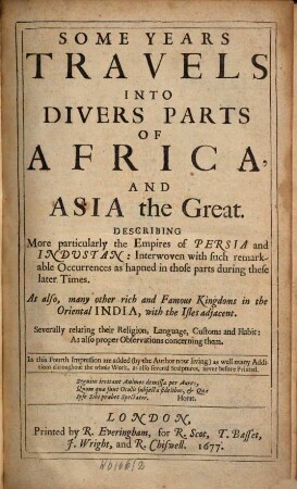 Some years travels into divers parts of Africa and Asia the Great