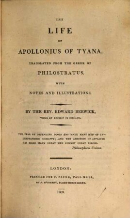 The life of Apollonius of Tyana : Translated from the greek of Philostratus