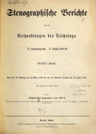 Verhandlungen des Reichstages. Stenographische Berichte. 88. 1885/86