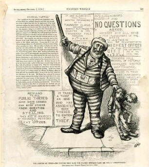 The capture of Tweed - the picture that made the Spanish officials take him for a "child-stealer". [In der Zeichnung befindet sich ein Textblock] : Tweed verhaftet zwei kleine Jungen als Diebe. [In der Zeichnung befinden sich mehrere Textblöcke]