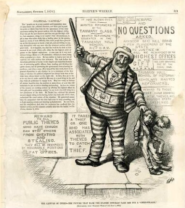 The capture of Tweed - the picture that made the Spanish officials take him for a "child-stealer". [In der Zeichnung befindet sich ein Textblock] : Tweed verhaftet zwei kleine Jungen als Diebe. [In der Zeichnung befinden sich mehrere Textblöcke]