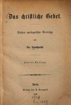 Das christliche Gebet : Sieben apologetische Vorträge