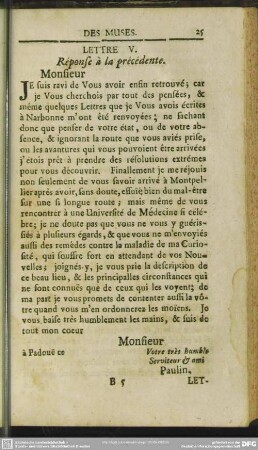 Lettre V. Response a la precedente
