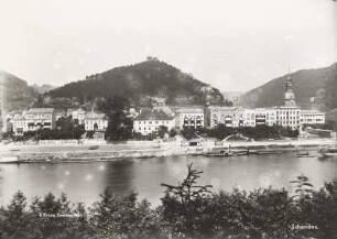 Schandau (Bad Schandau). Blick vom linken Elbufer auf die Stadt mit Elbehotels, Schloßberg und Stadtkirche Johannes der Täufer