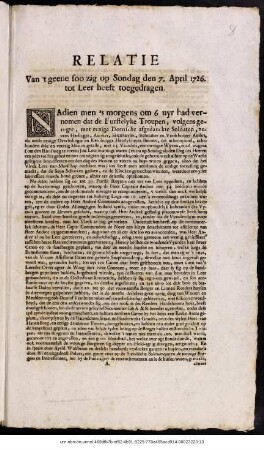 Relatie Van 't geene soo zig op Sondag den 7. April 1726. tot Leer heeft toegedragen