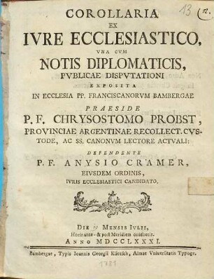 Corollaria ex iure ecclesiastico, una cum notis diplomaticis