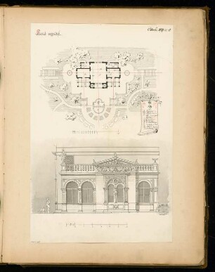 Gartenhaus Monatskonkurrenz Oktober 1877: Lageplan mit Grundriss, Aufriss Seitenansicht; 2 Maßstabsleisten