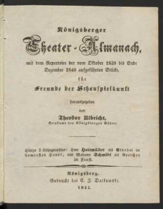 Oktober 1839/Dezember 1840: Königsberger Theater-Almanach