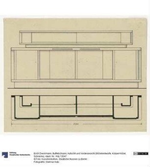 Buffetschrank, Aufsicht und Vorderansicht (Möbelentwürfe, Körpermöbel, Schränke)
