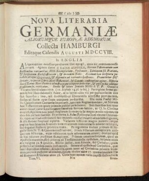 Nova Literaria Germaniæ Aliorumque Europæ Regnorum, Collecta Hamburgi, Editaque Calendis Augusti MDCCVIII.