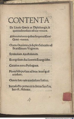 Contenta De Literis Graecis ac Diphthongis, & quemadmodum ad nos veniant