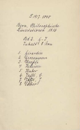 Handschriftliches Inhaltsverzeichnis des Sammelbandes