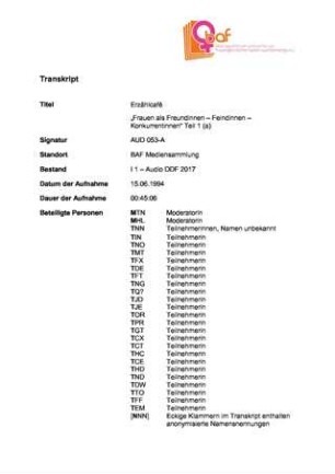 "Frauen als Freundinnen, Feindinnen, Konkurrentinnen I", Erzählcafé-Reihe 1/5