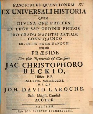 Fasciculus Quaestionum Ex Universali Historia
