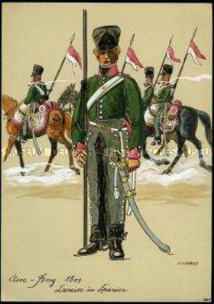Uniformdarstellung, Lancier der Kavallerie, Großherzogtum Kleve und Berg, 1809. Aus: Scharf: "Buntes Tuch".